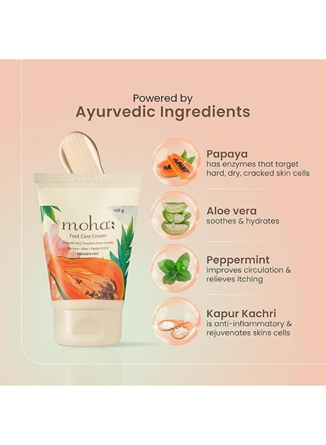 موها: كريم موها للعناية بالقدمين الجافة والمتشققة | كريم مغذي ومرمم للكعبين، سريع المفعول | تركيبة منعشة ونباتية تحتوي على الصبار والبابايا والنعناع والكابوركاشري | مثبت سريرياً | كريم مرطب للقدمين للبشرة الخشنة والمتصلبة | عناية بالقدمين لتنعيم وتقشير البشرة، خالي من البارابين، مناسب للرجال والنساء - 100 غرام (عبوة واحدة) - Image 3